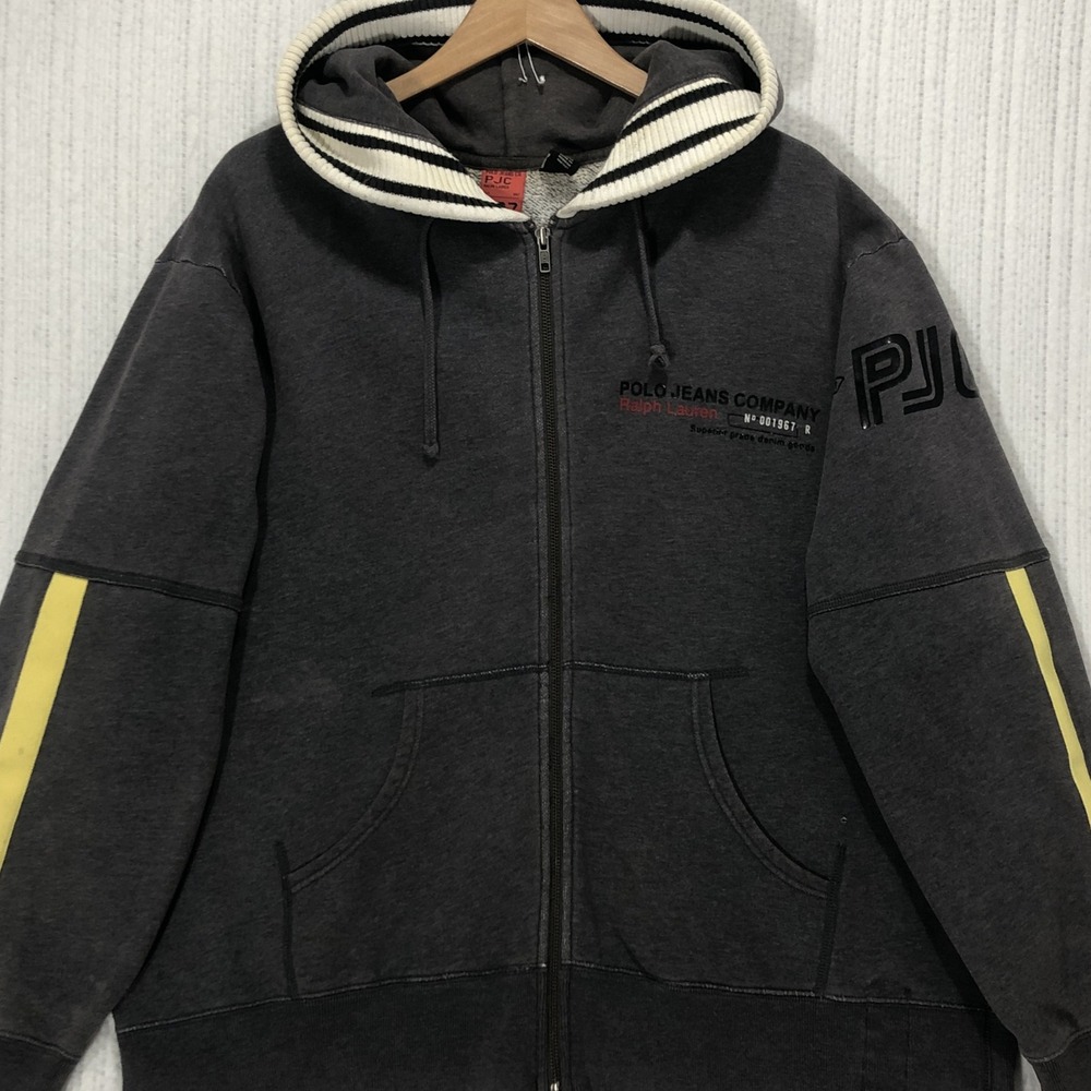 Polo Jeans Co Ralph Lauren Mens Large Gray Zip Up Hoodie Yellow Stripe PJC Logo